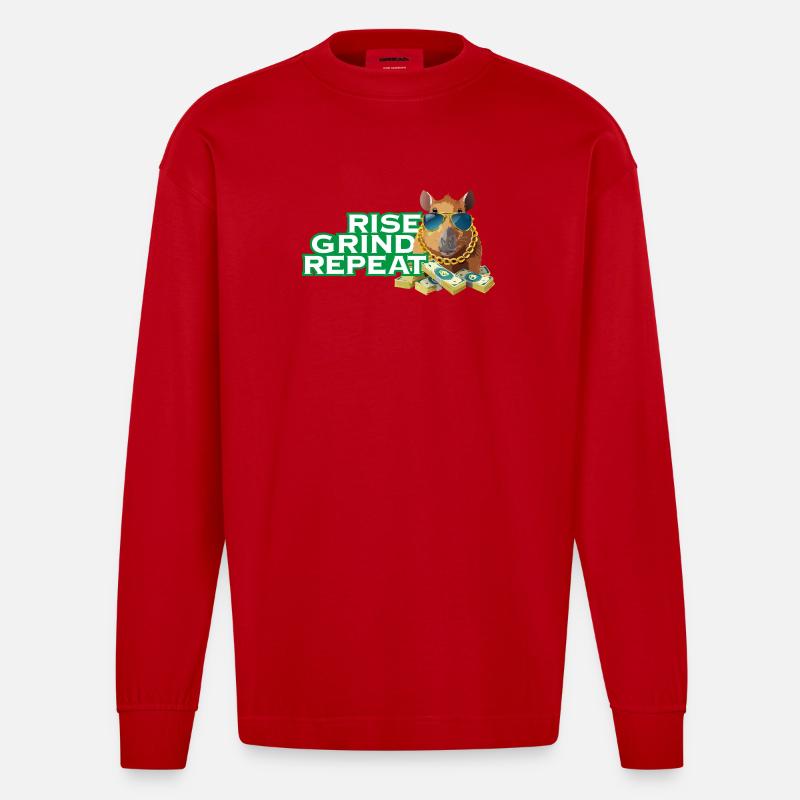 Rise, Grind, Repeat - Capybara Hustle motivation - Heavyweight Oversized Organic Langarmshirt Made in EU - Rot