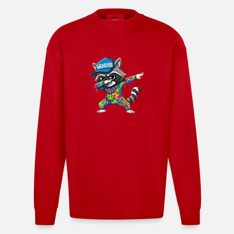 Wildstyle Dabbing Waschbär  Buntes Graffiti Design - Heavyweight Oversized Organic Langarmshirt Made in EU - Rot