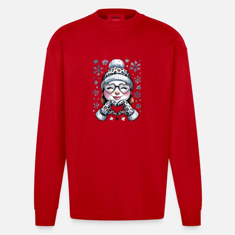  Winter Schneemann Mädchen mit Leopardenmuster - Heavyweight Oversized Organic Langarmshirt Made in EU - Rot