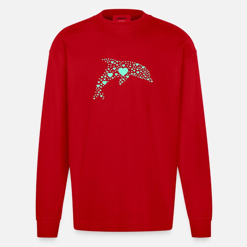Dolphin Heart Pattern - Heavyweight Oversized Organic Longsleeve Shirt Made in EU - red