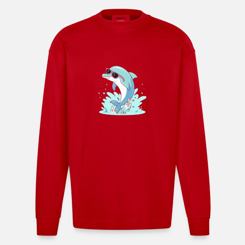Dolphin Summer Pink Glasses - Heavyweight Oversized Organic Longsleeve Shirt Made in EU - red