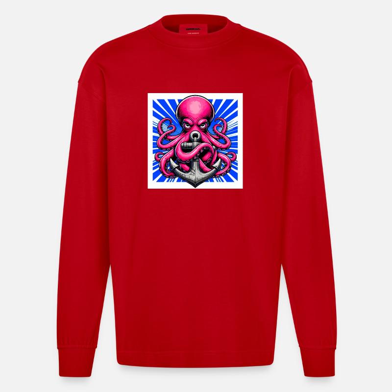 Oktopus umarmt einen Anker - Heavyweight Oversized Organic Langarmshirt Made in EU - Rot