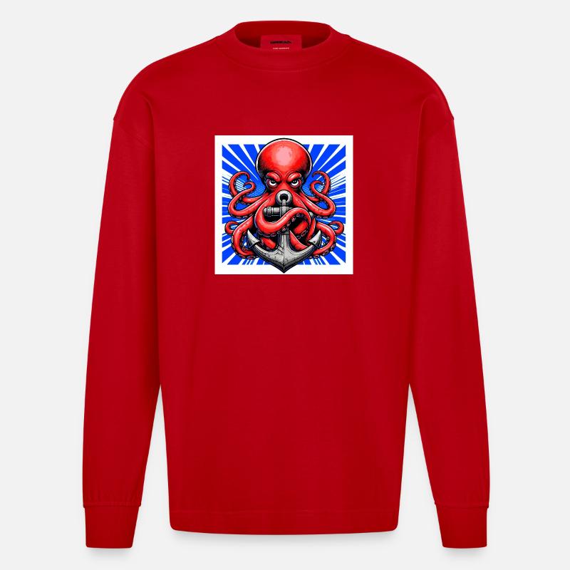 Oktopus umarmt einen Anker - Heavyweight Oversized Organic Langarmshirt Made in EU - Rot