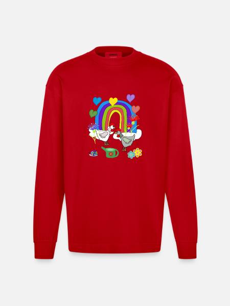 Children's Fantasy Rainbow Flowers Chickens - Heavyweight Oversized Organic Longsleeve Shirt Made in EU - red