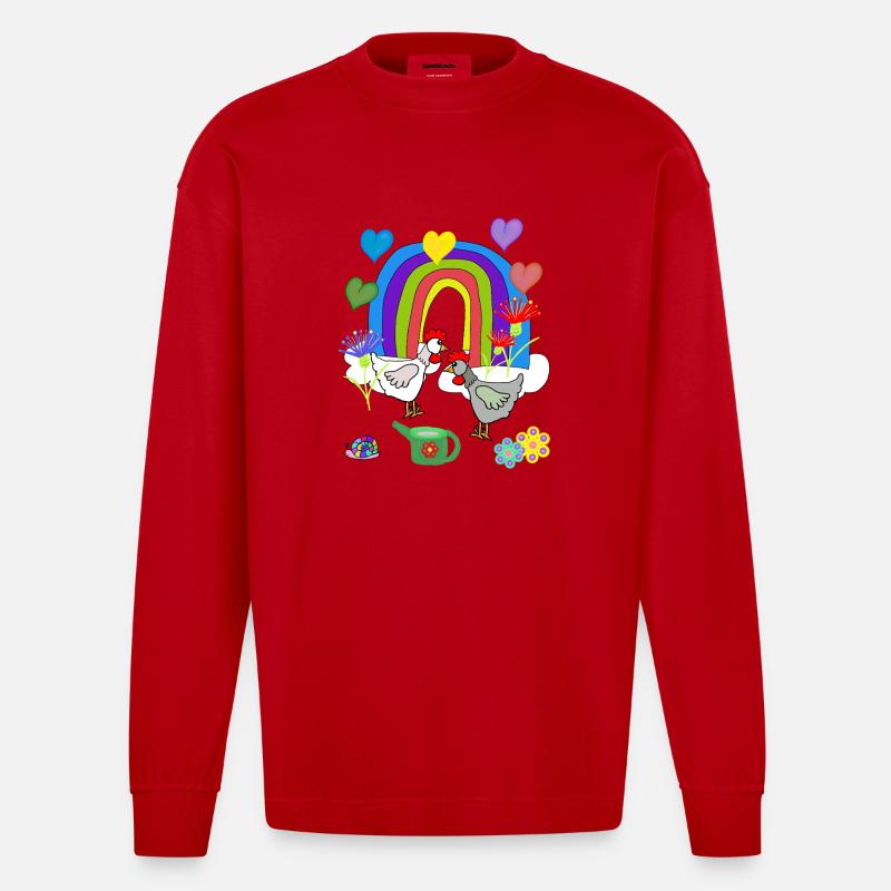 Kinder Fantasy Regenbogen Blumen Hühner  - Heavyweight Oversized Organic Langarmshirt Made in EU - Rot