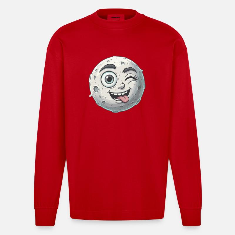 Dessin animé Visage de Lune Ondulant - Manches longues bio épais oversize fabriqué en UE - rouge