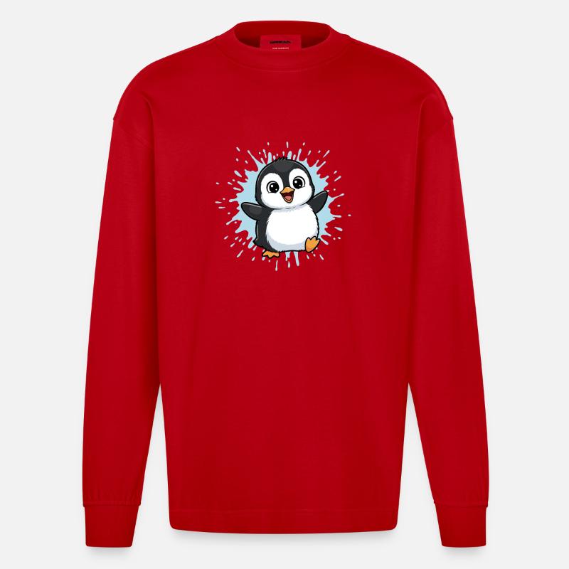 Kunterbunter Pinguin Splash - Heavyweight Oversized Organic Langarmshirt Made in EU - Rot
