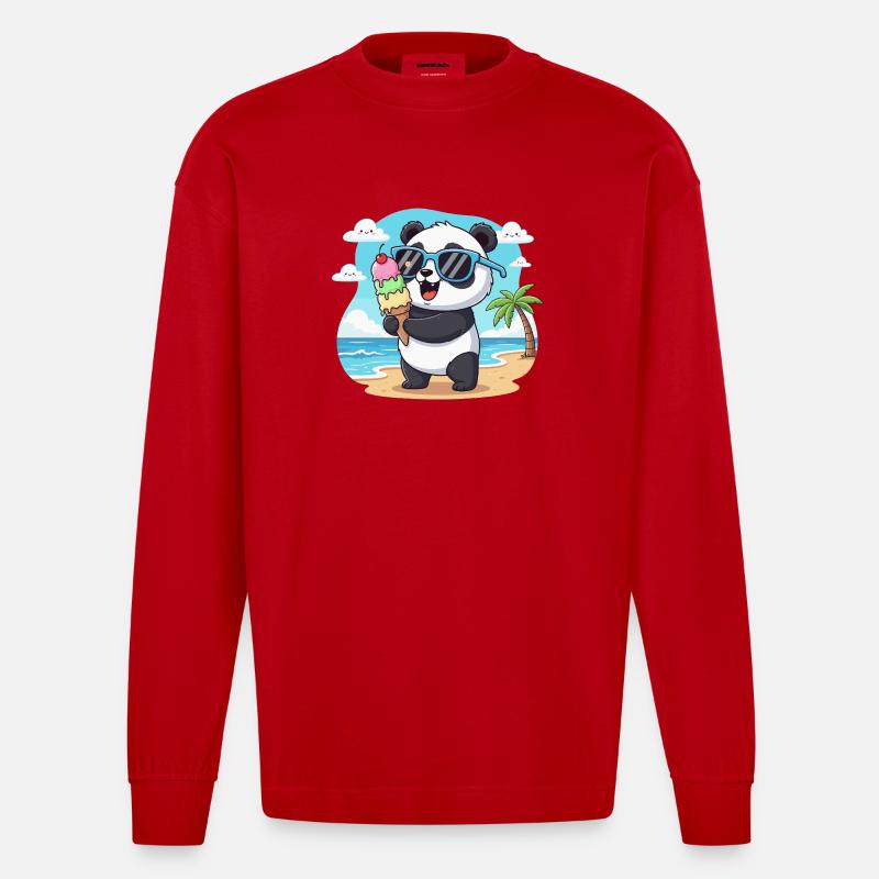 Panda am Strand mit Eiscreme - Heavyweight Oversized Organic Longsleeve Shirt Made in EU - red