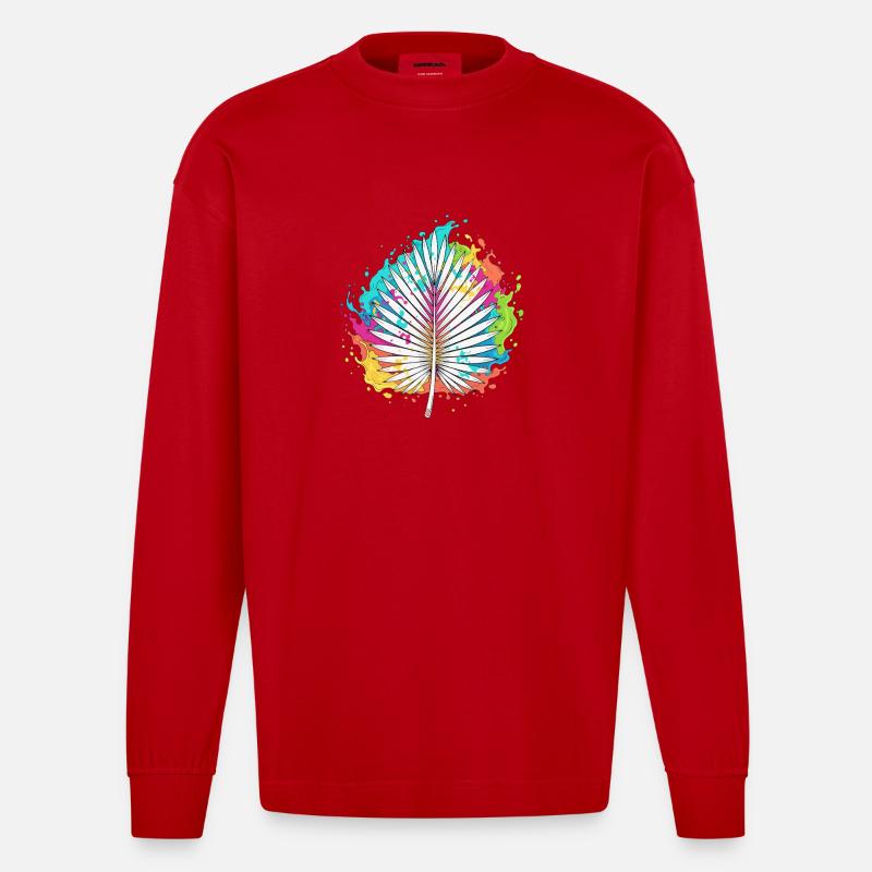 Bunte Palmenfächer Farbexplosion - Heavyweight Oversized Organic Langarmshirt Made in EU - Rot