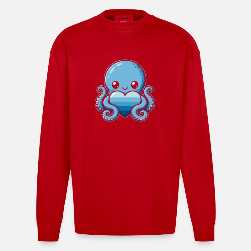 Blauer Herz-Octopus - Heavyweight Oversized Organic Langarmshirt Made in EU - Rot