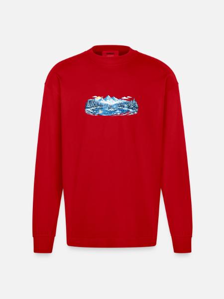 Winterliche Berglandschaft am See - Heavyweight Oversized Organic Langarmshirt Made in EU - Rot