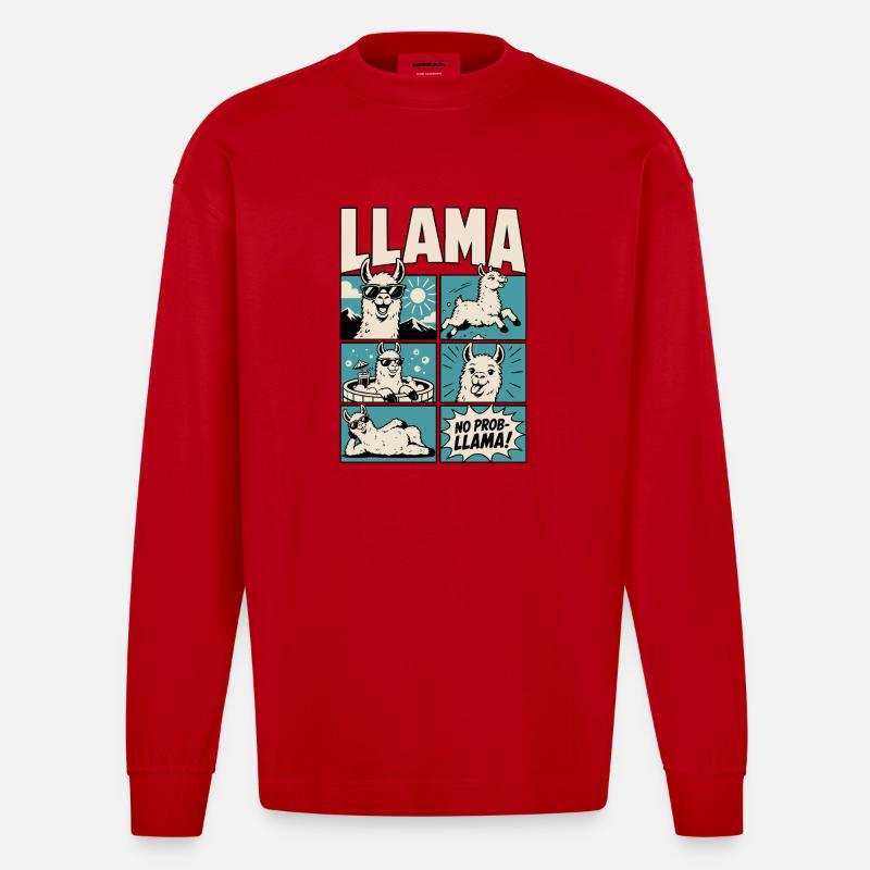 Chill Llama Comic Design - Manches longues bio épais oversize fabriqué en UE - rouge