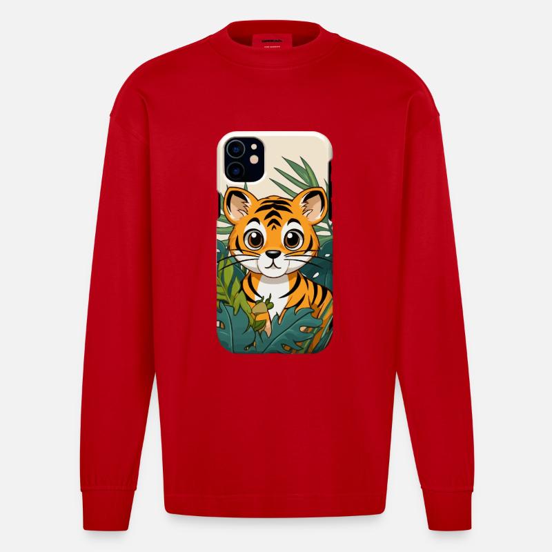 Tigerjunge im Dschungel - Heavyweight Oversized Organic Langarmshirt Made in EU - Rot