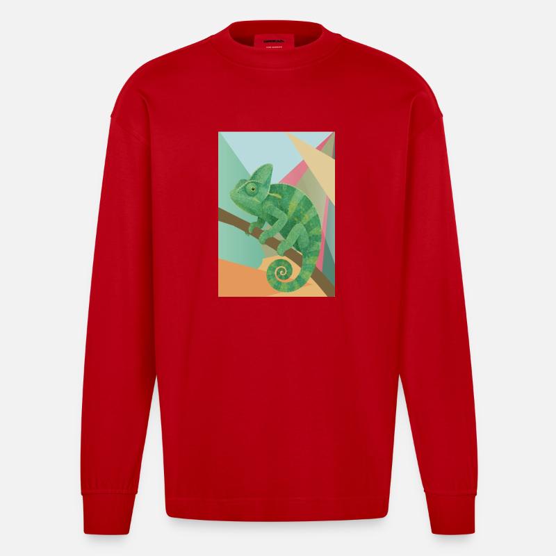 Style géométrique du Caméléon Vert - Manches longues bio épais oversize fabriqué en UE - rouge
