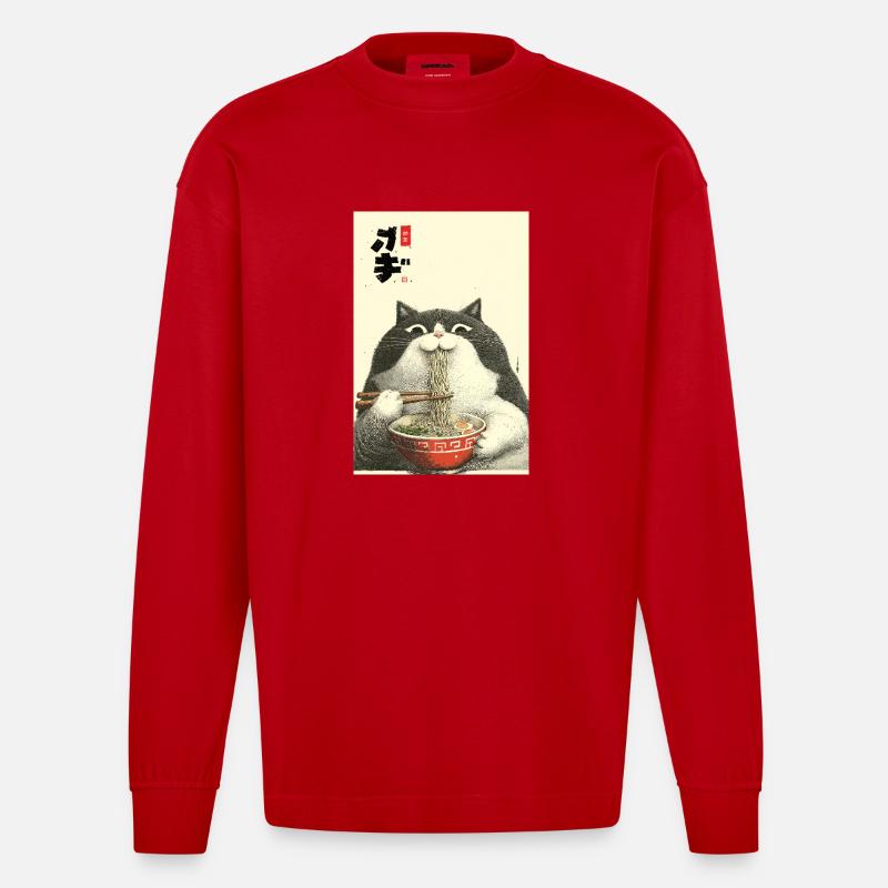 Neko Ramen Slurp de chat - Manches longues bio épais oversize fabriqué en UE - rouge