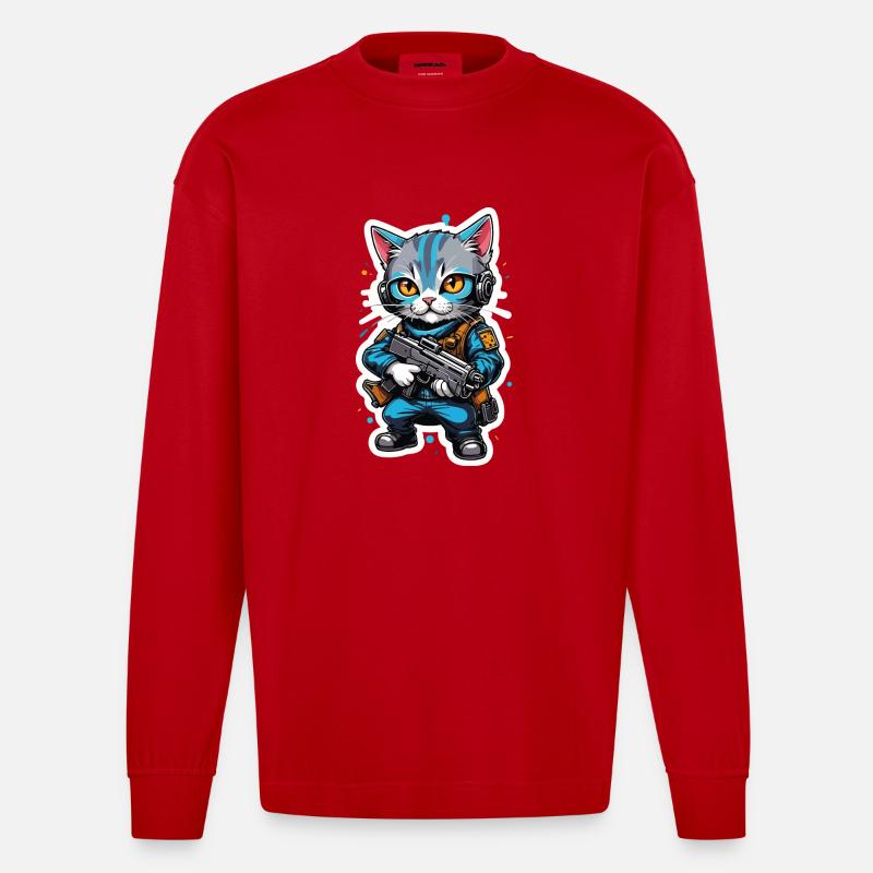 Katzenkrieger mit Hightech-Waffen - Heavyweight Oversized Organic Langarmshirt Made in EU - Rot