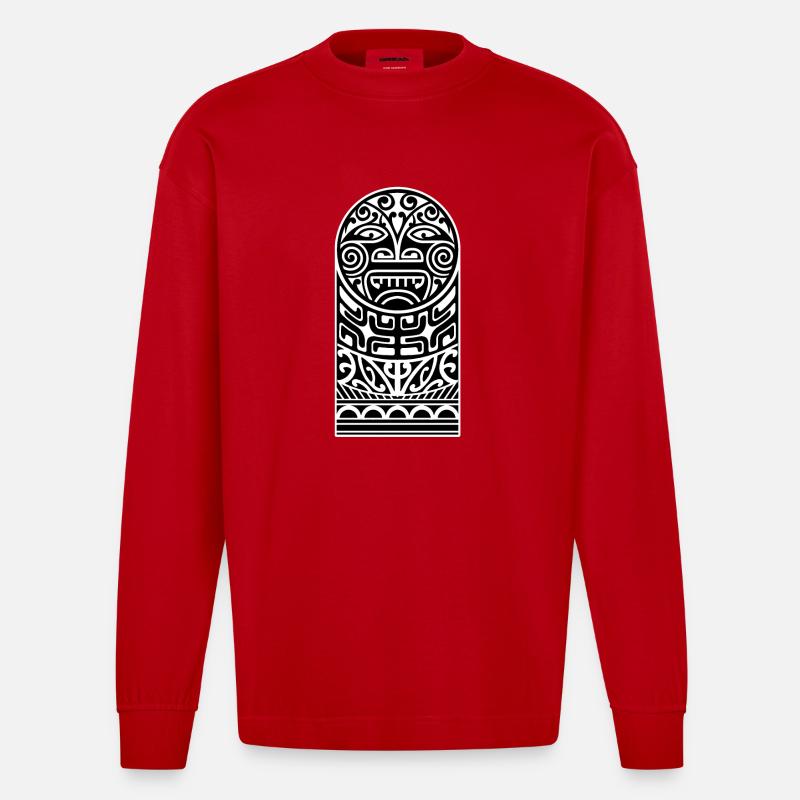 Tiki Maori Design - Heavyweight Oversized Organic Langarmshirt Made in EU - Rot
