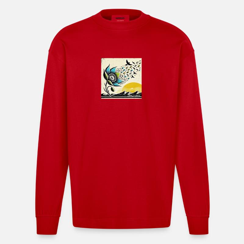 Migration des oiseaux - Manches longues bio épais oversize fabriqué en UE - rouge