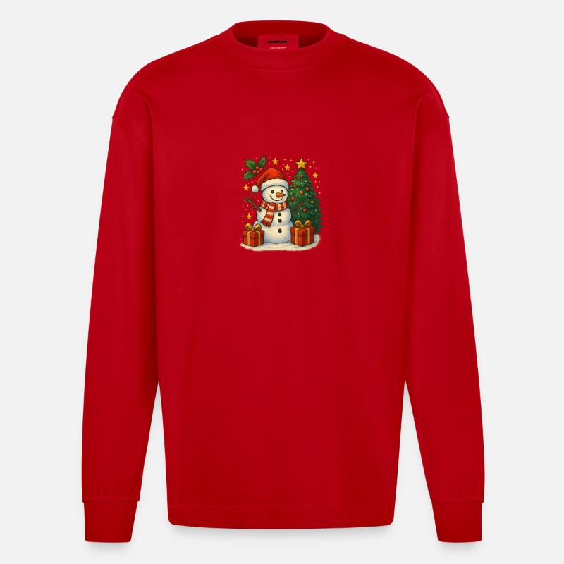 Weihnachtsschneemann mit Baum und Geschenken - Heavyweight Oversized Organic Langarmshirt Made in EU - Rot