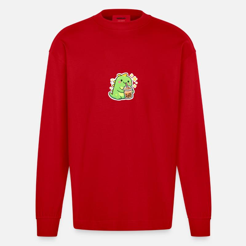 Süßer Dino mit Bubble Tea - Heavyweight Oversized Organic Langarmshirt Made in EU - Rot