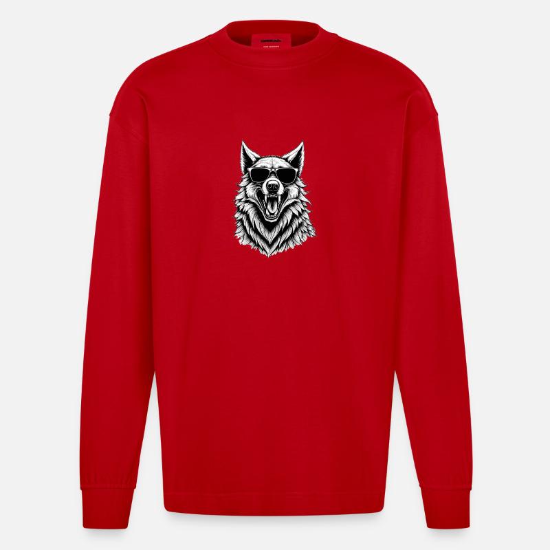 Laughing wolf with sunglasses - Heavyweight Oversized Organic Longsleeve Shirt Made in EU - red