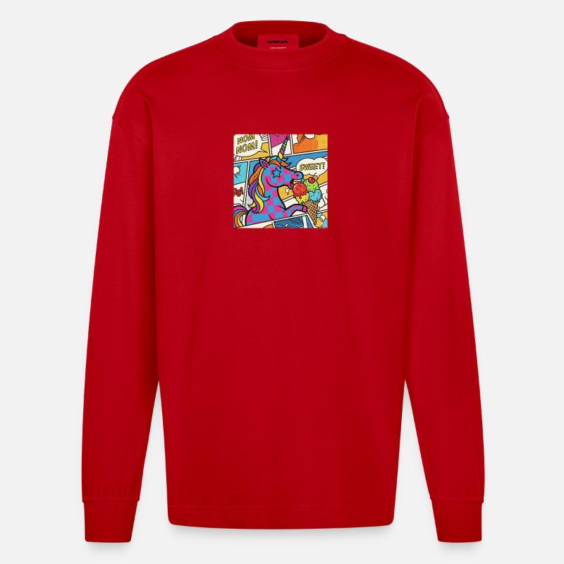 Einhorn-Pop-Art-Delight-Regenbogen - Heavyweight Oversized Organic Langarmshirt Made in EU - Rot