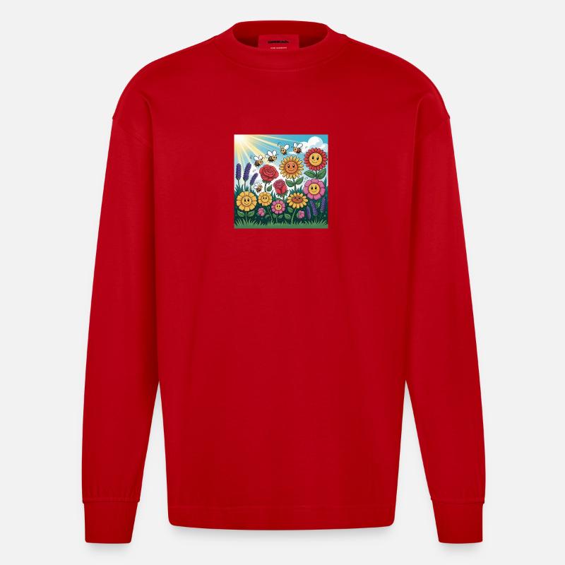 Jardin de fleurs ensoleillé avec abeille - Manches longues bio épais oversize fabriqué en UE - rouge