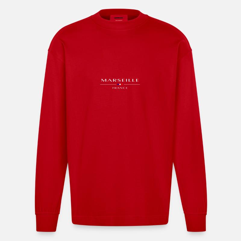 Marseille, blanc, avec drapeau français - Manches longues bio épais oversize fabriqué en UE - rouge