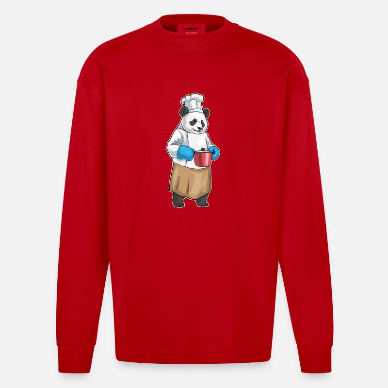 Panda Koch Kochtopf Kochen - Heavyweight Oversized Organic Langarmshirt Made in EU - Rot