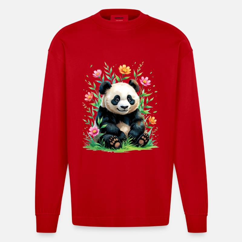 Panda im Blütenwald - Heavyweight Oversized Organic Langarmshirt Made in EU - Rot