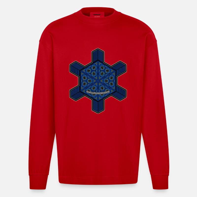 Expérience d’évolution fractale Mandala Psytrance Goa - Manches longues bio épais oversize fabriqué en UE - rouge