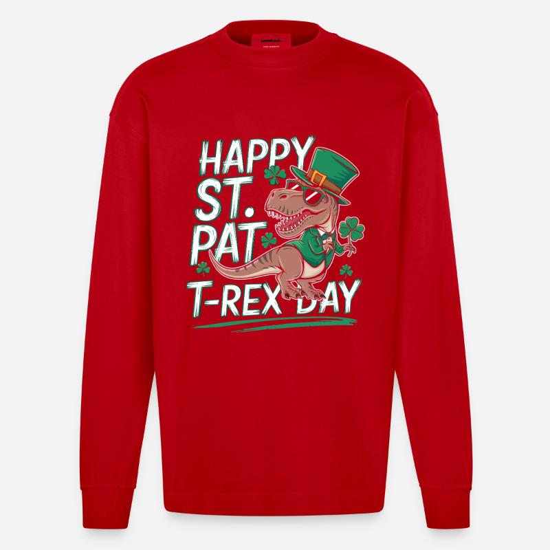 St Patricks T-Rex Hut - Heavyweight Oversized Organic Langarmshirt Made in EU - Rot