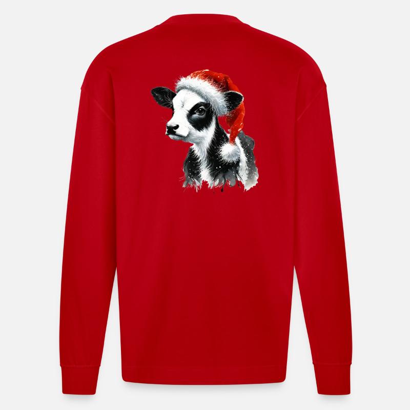 Weihnachtskalb mit Nikolausmütze - Heavyweight Oversized Organic Langarmshirt Made in EU - Rot
