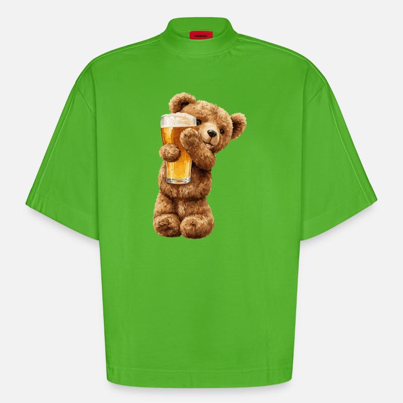 Bärchen mit Bierglas Bierchen Teddybär - Heavyweight Oversized Organic Boxy T-Shirt Made in EU - Apple Neon
