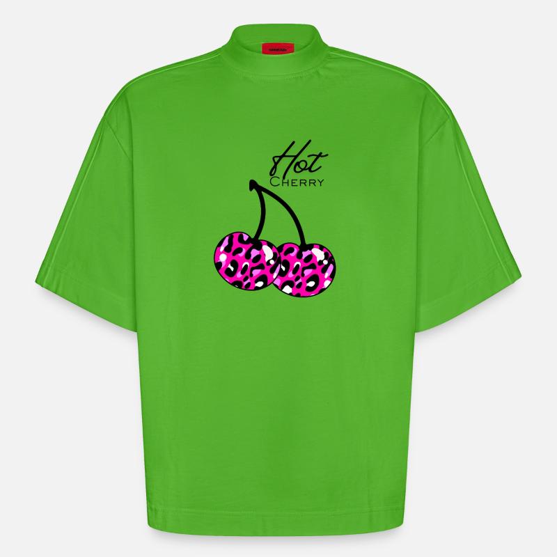 Pink leopard pattern cherry - Heavyweight Oversized Organic Boxy T-Shirt Made in EU - Apple Neon