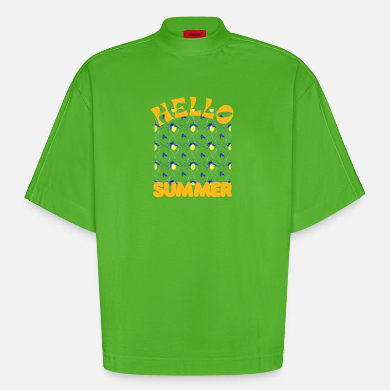 Hello Summer Lemon Pattern - Heavyweight Oversized Organic Boxy T-Shirt Made in EU - Apple Neon