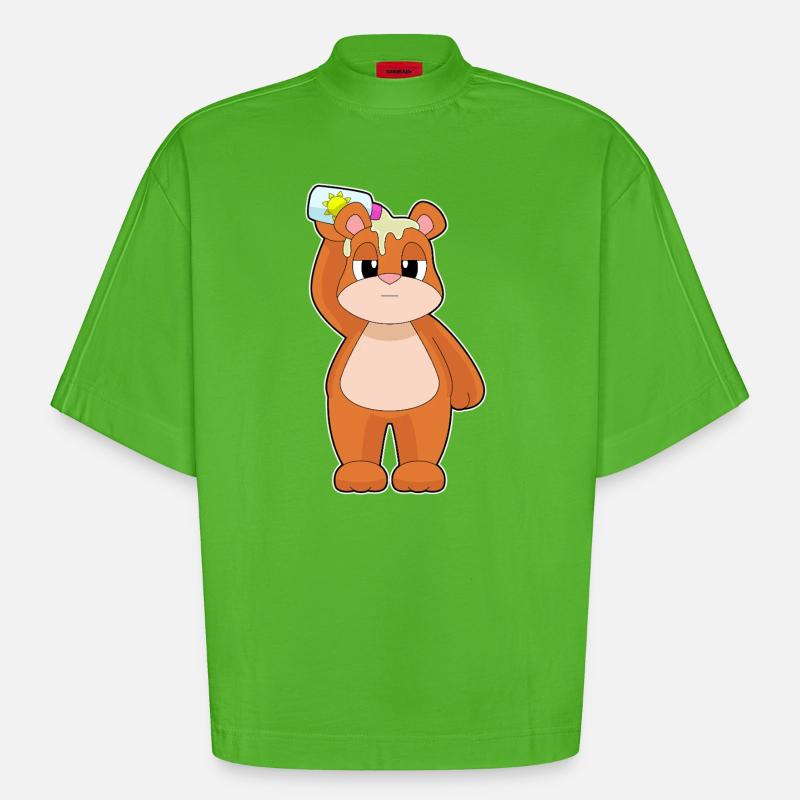 Bear Beach Sunscreen Summer - Heavyweight Oversized Organic Boxy T-Shirt Made in EU - Apple Neon