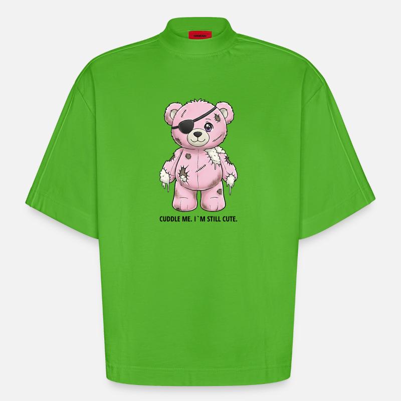 Patchwork Pinker Teddybär mit Augenklappe - Heavyweight Oversized Organic Boxy T-Shirt Made in EU - Apple Neon