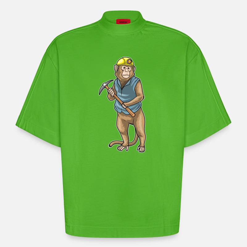 Monkey Miner Pickaxe Mining - Heavyweight Oversized Organic Boxy T-Shirt Made in EU - Apple Neon