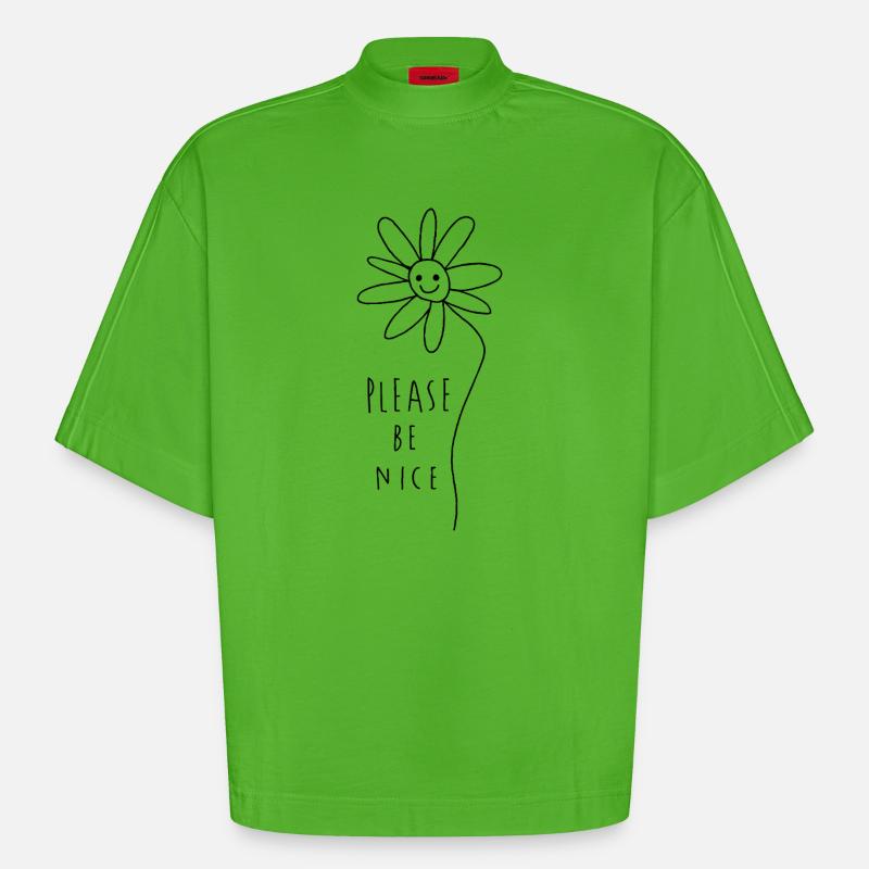Please be nice – Friendly Minimal Statement - Heavyweight Oversized Organic Boxy T-Shirt Made in EU - Apple Neon
