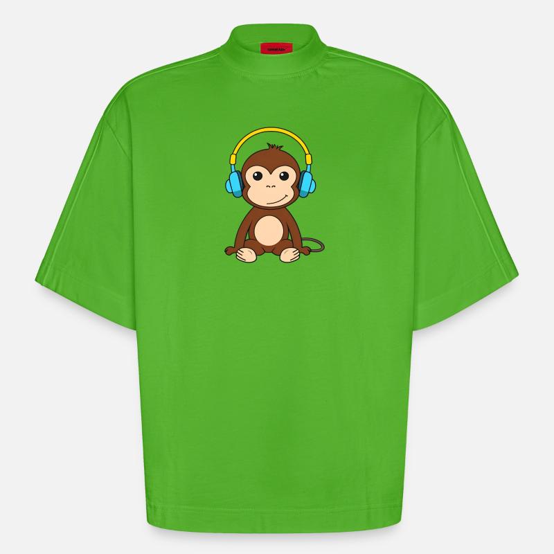 Singe mignon avec conception de casque - T-shirt bio épais oversize Boxy fabriqué en UE - Apple Neon