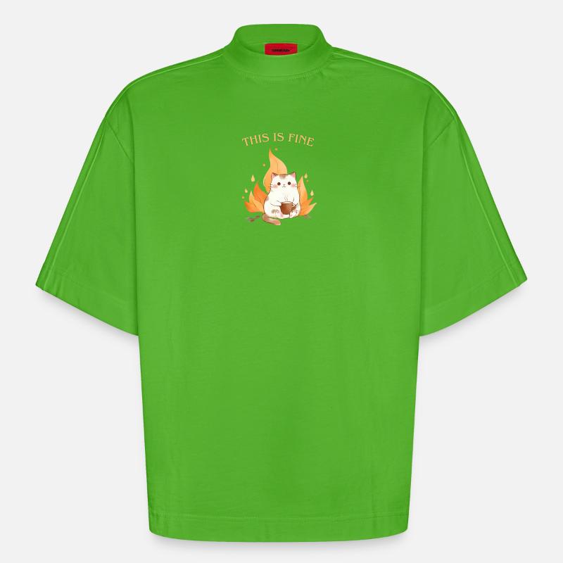 C’est bien mème. Le chat est dans le feu - T-shirt bio épais oversize Boxy fabriqué en UE - Apple Neon