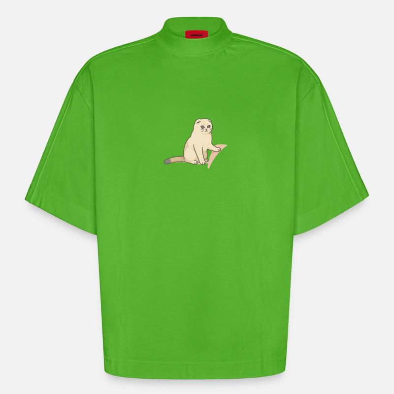Cute Cat with a Melancholic Expression - Heavyweight Oversized Organic Boxy T-Shirt Made in EU - Apple Neon