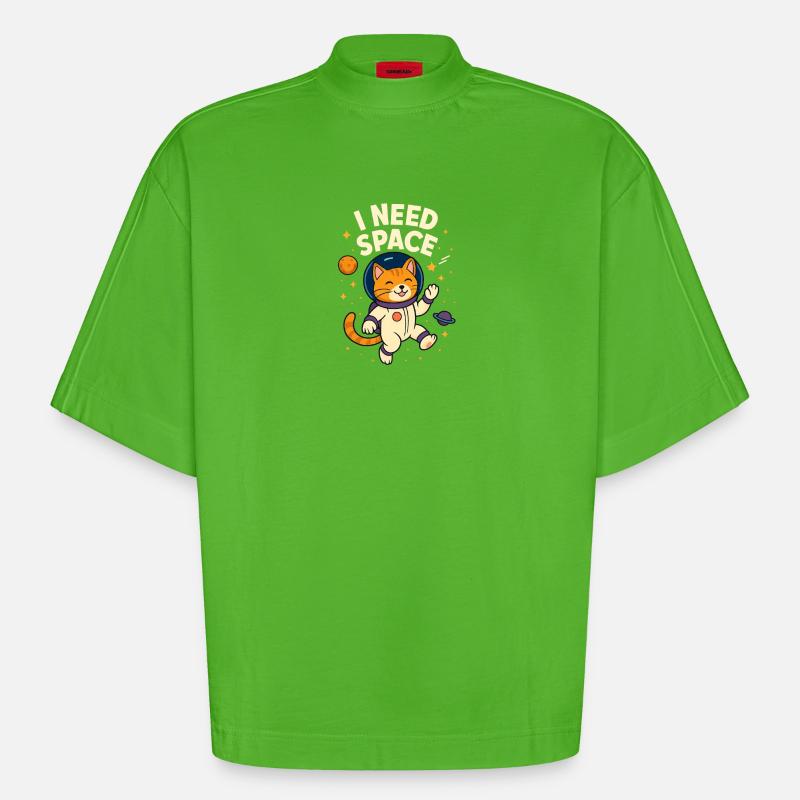 Mignon chat astronaute de l’espace - T-shirt bio épais oversize Boxy fabriqué en UE - Apple Neon