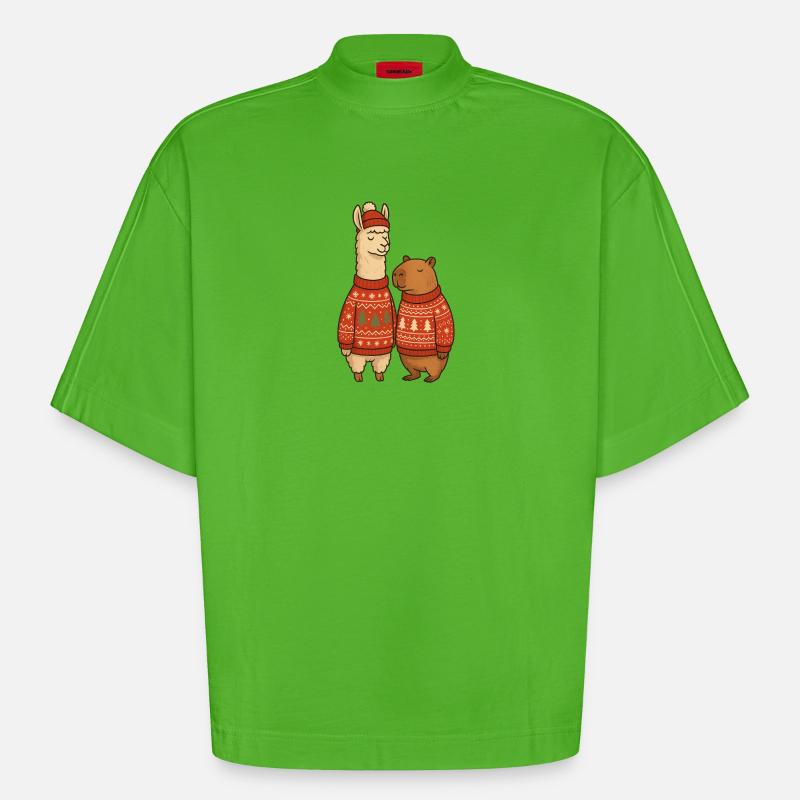 Lama und Cabibara Weihnachtspullover Duo - Heavyweight Oversized Organic Boxy T-Shirt Made in EU - Apple Neon