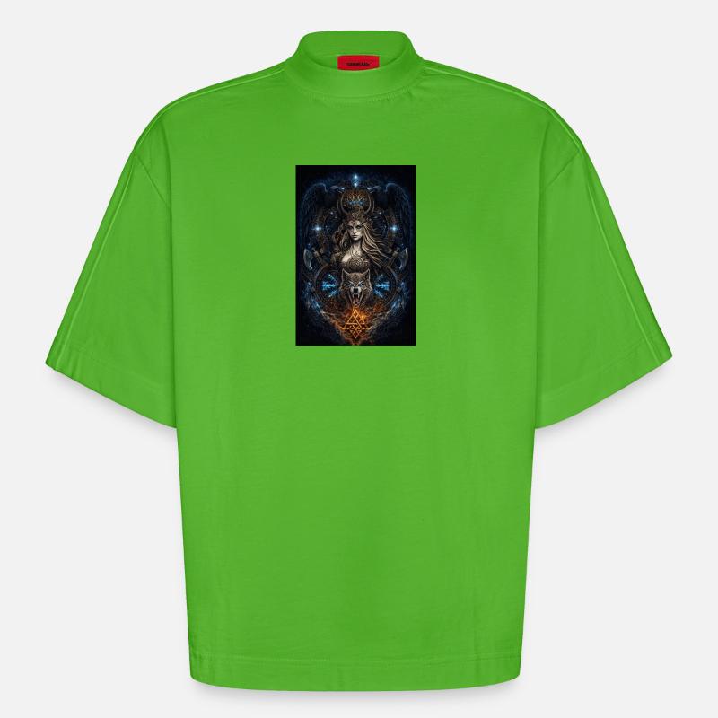 Wikinger Freya Hugin & Munin Wolf Runen - Heavyweight Oversized Organic Boxy T-Shirt Made in EU - Apple Neon