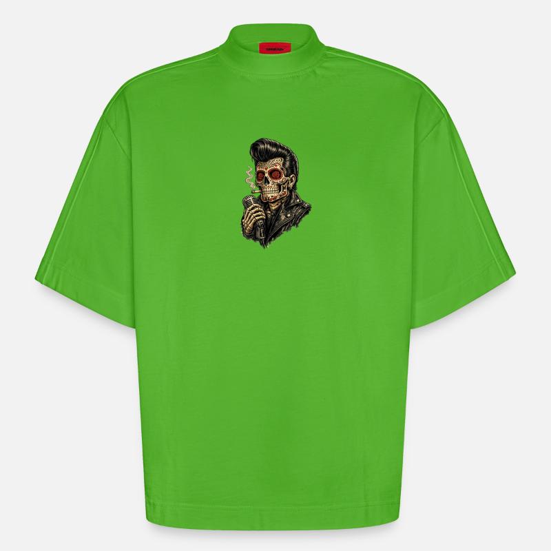 Skeleton Sugar Skull Rockabilly Microphone - Heavyweight Oversized Organic Boxy T-Shirt Made in EU - Apple Neon