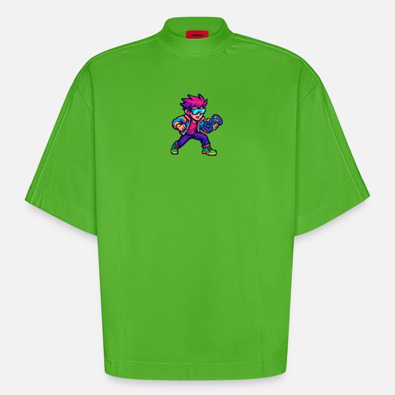 Retro Pixelheld mit Controller - Heavyweight Oversized Organic Boxy T-Shirt Made in EU - Apple Neon