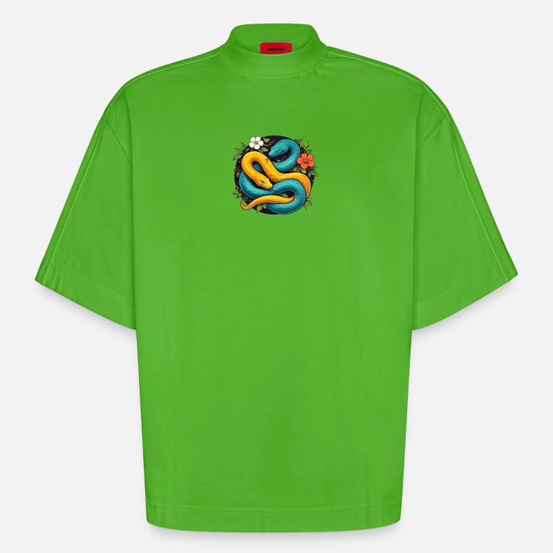 Deux serpents python dans l’anneau fleuri - T-shirt bio épais oversize Boxy fabriqué en UE - Apple Neon