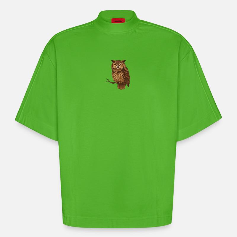 Braune Eule Nachtmotiv - Heavyweight Oversized Organic Boxy T-Shirt Made in EU - Apple Neon